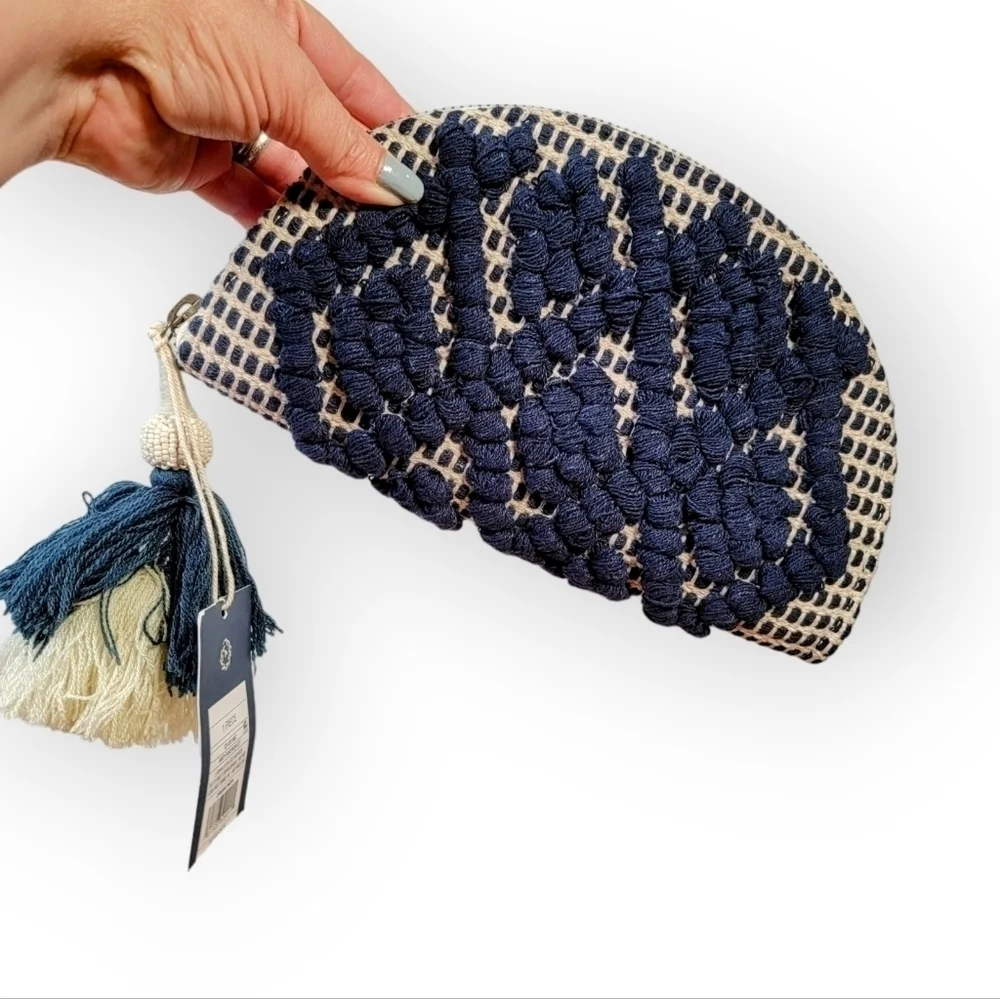 Universal Thread Blue Embroidered Boho Clutch with Beaded Tassel